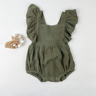 Olive Linen Ruffle Romper - Boobird